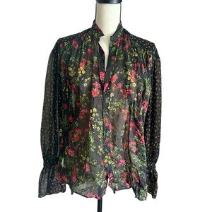 Tomorrowland Black Sheer Floral Blouse Puff Sleeve Button Up Japan Sz 38 Medium